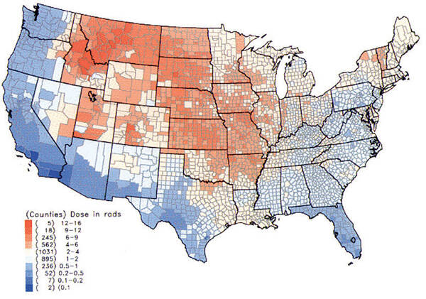 Per-capita thyroid doses of Iodine-131 in the continental United States resulting from 90 atmospheric nuclear bomb tests conducted at the Nevada Test Site from 1951-1962. -- National Cancer Institute