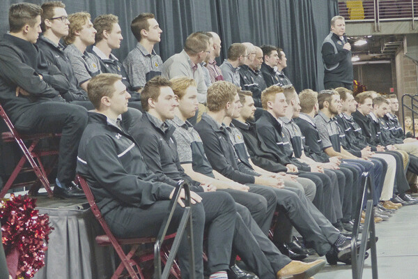 Coach Scott Sandelin spoke as his players were gathered for a Tuesday night tribute at AMSOIL Arena.