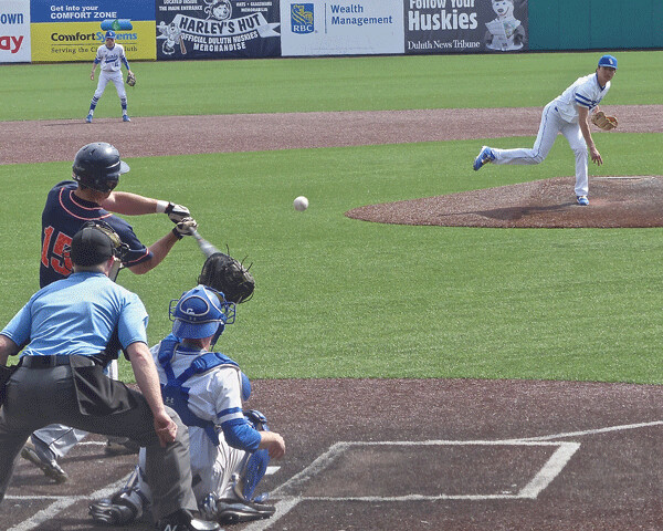 Dan Hansen gave up only three hits as St. Scholastica cruised to a 12-2 first-game victory over Northland at Wade Stadium. Photo credit: John Gilbert