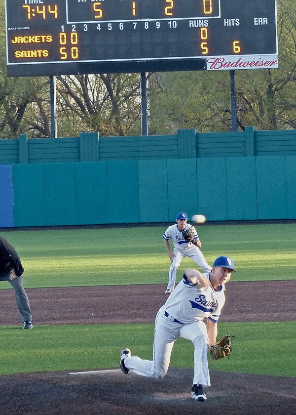 Ben Christofferson, a sophomore from Osseo, was evidence of St. Scholastica's pitching depth by cruising to a UMAC tournament opening 13-3 victory over Wisconsin-Superior at Wade Stadium. Photo credit: John Gilbert