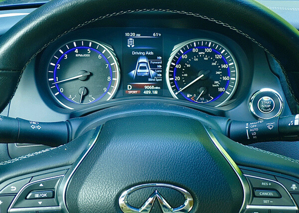 Instrument pod shows driver safety aids of the Q60. Photo credit: John Gilbert