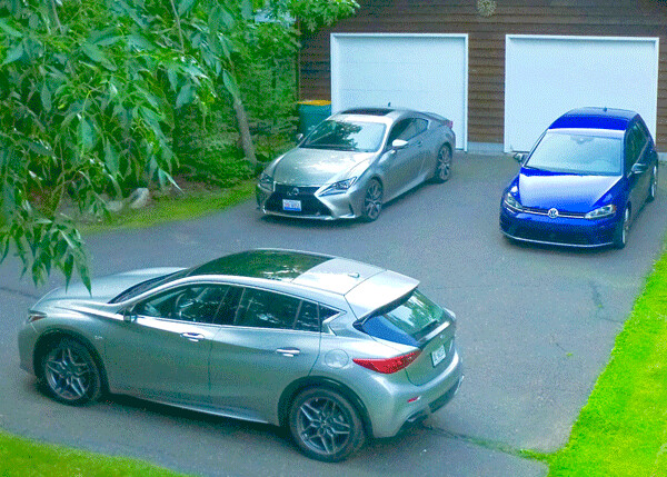 Trio of unusual alternatives: Infiniti QX30 (foreground), Lexus RC350 Coupe (left rear), and Volkswagen Golf R (right rear). Photo credit: John Gilbert