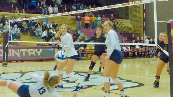 Concordia's Elizabeth Mohr (13) dove in vain for the game and match-winning final shot by UMD's Morgen Makenzie (8, far right). Photo credit: John Gilbert