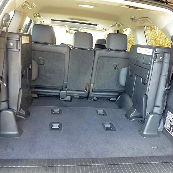  Spacious cargo area is flanked by fold-down third-row seats.Photo credit: John Gilbert