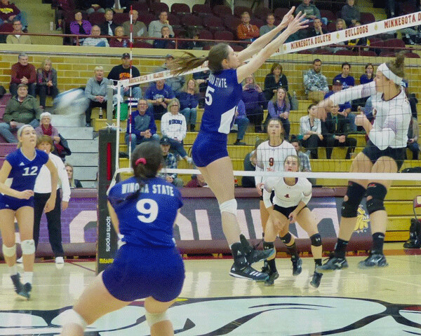 Senior Allison Olley was instrumental with her middle blocking prowess, and also hammered 15 kills. Photo credit: John Gilbert