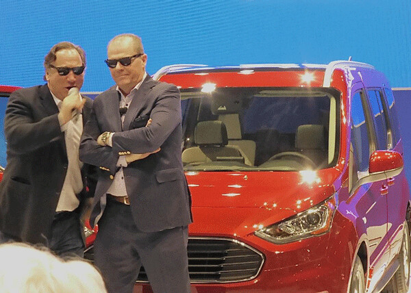 Jim Belushi, left, Ford vice president Mark LaNeve give new Transit Connect a Blues Brothers intro. Photo credit: John Gilbert