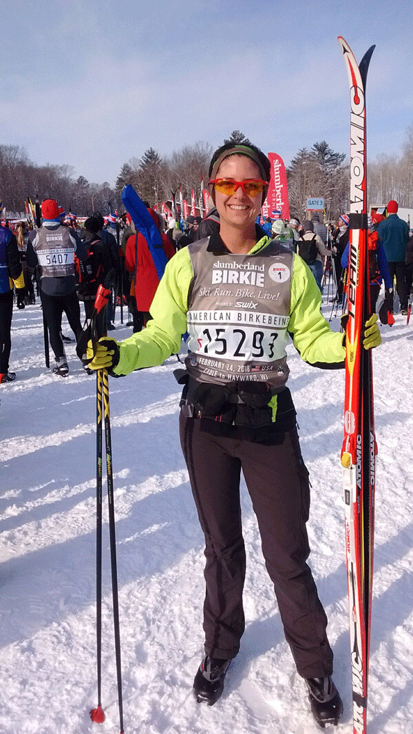 Columnist Emily Stone at the Birkie start line, ready to ski 55 kilometers! Photo by Drew Guttormson.
