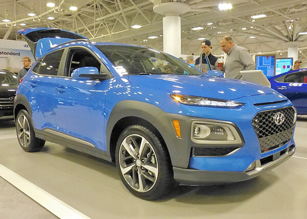 The yet-to-be-introduced Hyundai Kona is a compact SUV with a 1.6-liter turbo and sharp looks.  Photo credit: John Gilbert