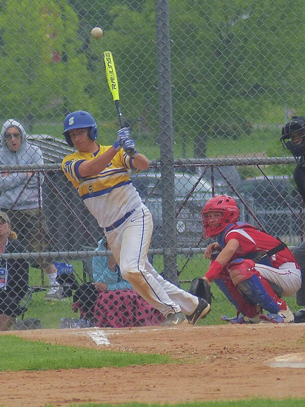 Esko’s Carter Northey chops one toward third against Moose Lake-Willow River in Section 7AA at Bulldog Park Tuesday. Photo credit: John Gilbert