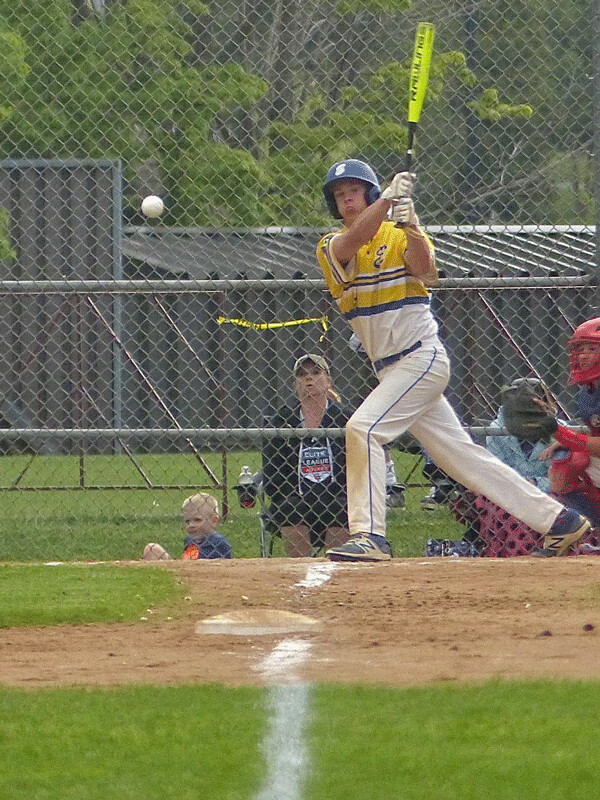 Esko led 11-0 when Noah Koski lined a shot to left that hooked foul, moments before lightning caused the umpires to puill the teams off the Bulldog Park field. Photo credit: John Gilbert