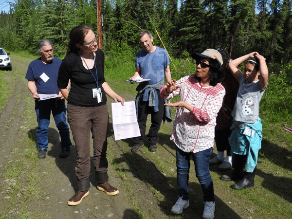 Dr. Katie Spellman and Dr. Elena Sparrow explain a permafrost mystery that these participants in the Climate Change and My Community workshop are about to investigate. Photo by Emily Stone. 