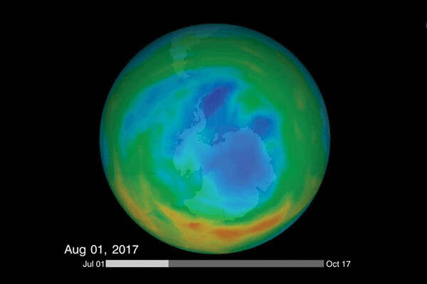 Data from NASA shows a decrease in the seasonal ozone hole above Antarctica over the last decade thanks to  the phase-out of CFCs and other ozone-depleting chemicals as called for under 1987’s landmark Montreal  Protocol. Credit: Katy Mersmann/NASA’s Goddard Space Flight Center.