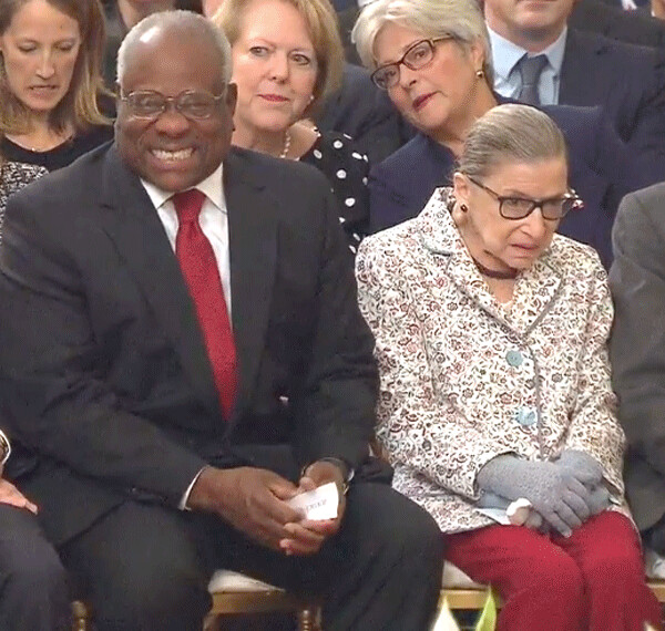 Justices Clarence Thomas and Ruth Bader Ginsburg at swearing in of new Justice Brett Kavanaugh.