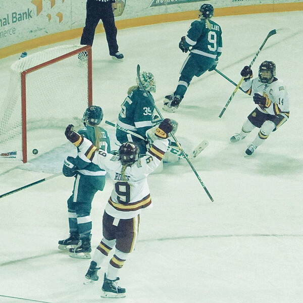 UMD freshman Cole Koepke signalled goal as the Bulldogs built a 3-0 second-game lead and held on for a 3-2 sweep of Maine. Photo credit; John Gilbert