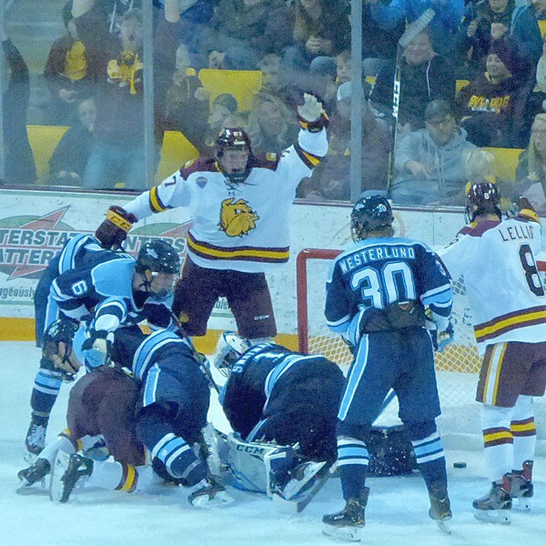 Noemi Rogge (9) celebrated her second goal, which gave UMD a 2-0 victory over Bemidji State and gave Rogge a 4-goal weekend. Photo credit; John Gilbert