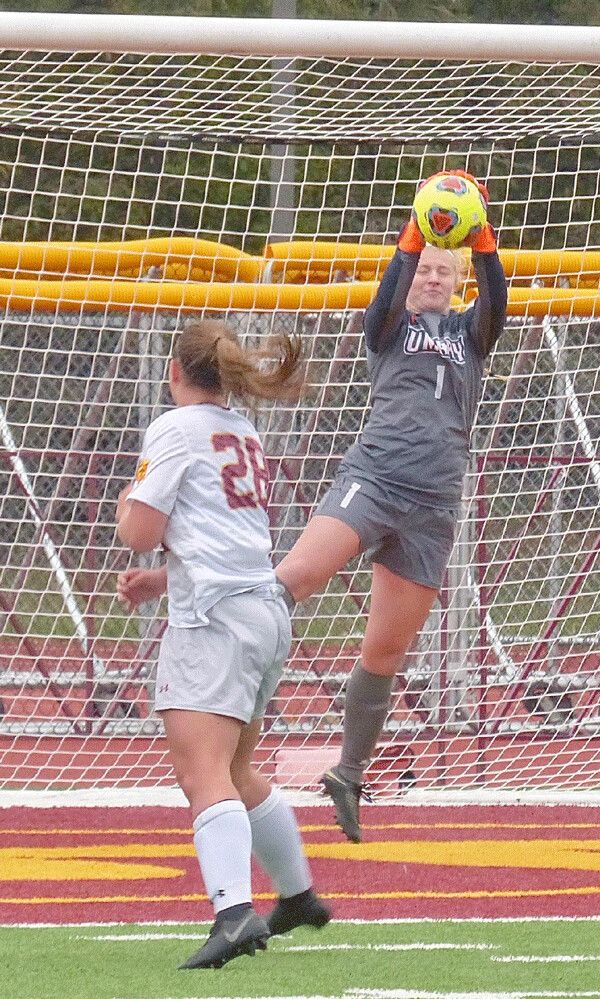UMD sophomore Holly Kaboord maneuvered through the last defender and kicked the ball - but Mary goalkeeper Madisym Waltman made a leaping save to stop UMD’s best chance to score in the game. The Bulldogs also dropped their final league game 1-0, at Minot State. Photo credit: John Gilbert