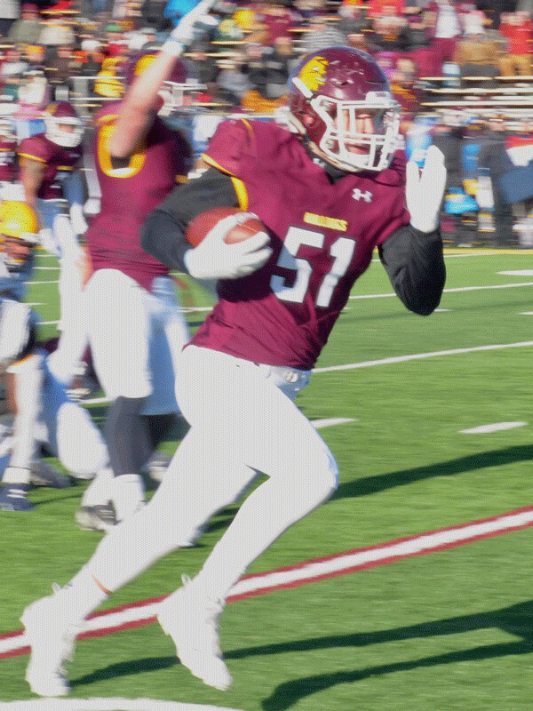 Nate Pearson raced 29 yards with the Bulldogs second interception-return touchdown in the second quarter for a short-lived 14-10 lead in their NCAA regional playoff game. Photo credit: John Gilbert