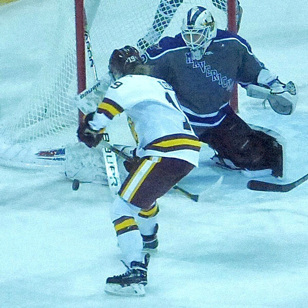 UMD’s Anna Klein scored for a 2-0 lead, but UMD couldn’t hold it and needed a shootout  after a 2-2 tie. Photo credit: John Gilbert