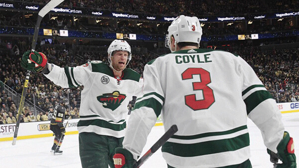 Eric Staal and Charlie Coyle  celebrate a goal versus the Vegas Golden Knights Monday eve