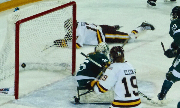 Freshman Gabbie Hughes scored her UMD-leading 18th goal to help the Bulldogs get past Bemidji State 4-3 for a sweep of their WCHA playoff series.  Photo credit: John Gilbert