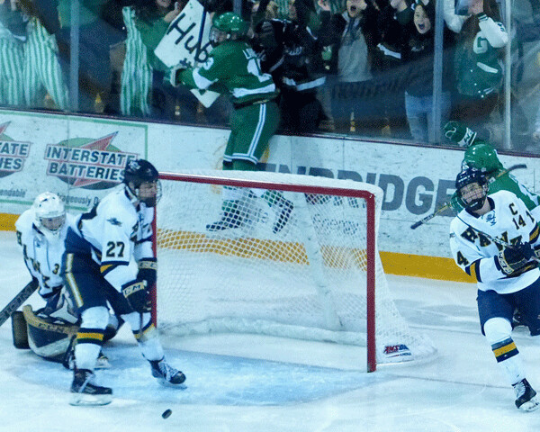 Greenway's Donte Lawson jumped against the glass after his overtime winner against Hermantown.