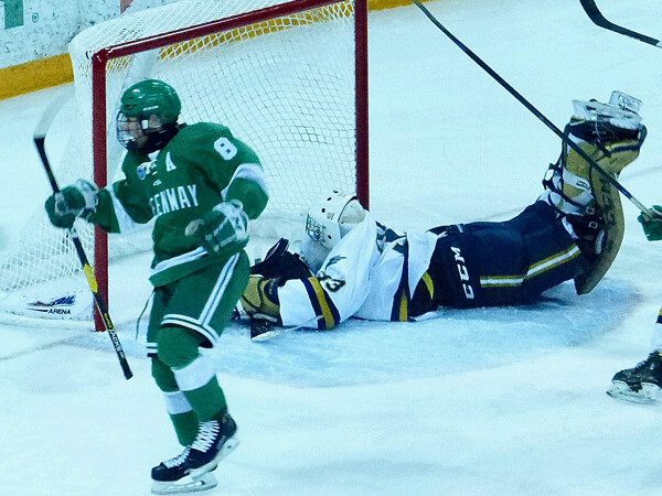  Junior Ben Troumbly celebrated after he backhanded his second goal of the game over the diving Cole Manahan.