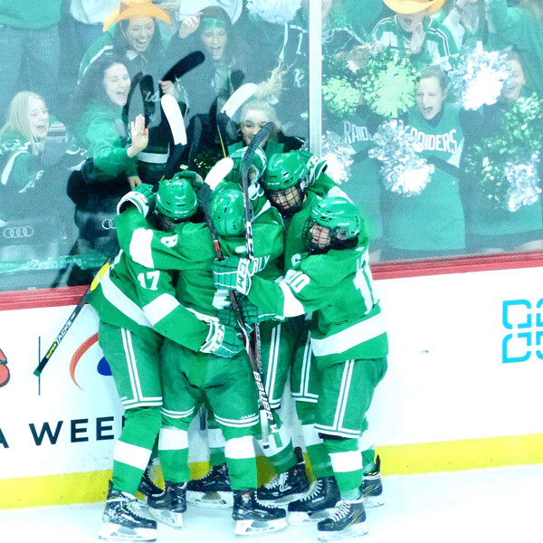 The Raiders celebrated after beating top-seeded Mahtomedi at Xcel Energy Center. Photo credit: John Gilbert