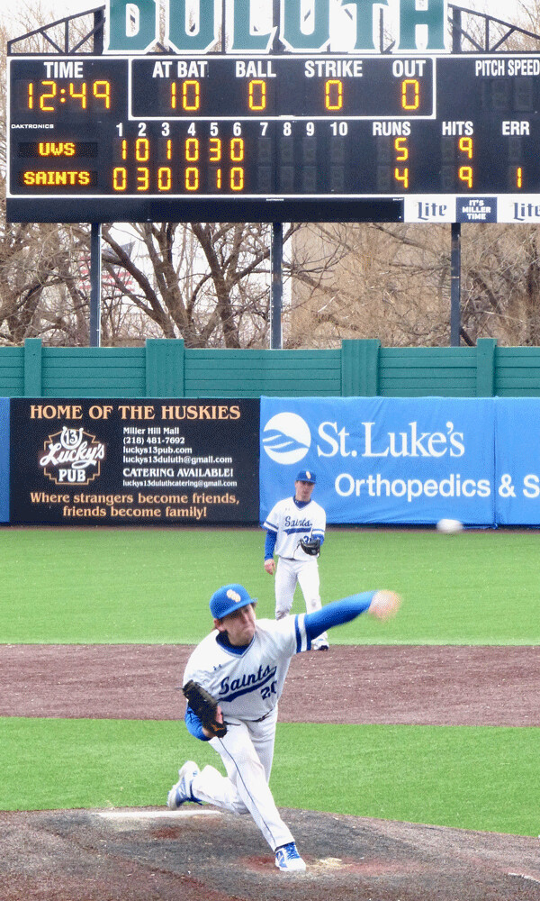 Jerry Gooley pitched in relief for St. Scholastica in the first game of the postponed- forward doubleheader against UWS. Photo credit: John Gilbert