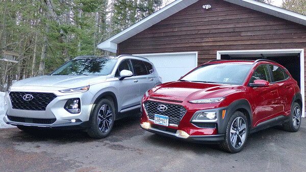 Similarity in design for the new Santa Fe, left, and the all-new smaller Kona,  right, displays the bigger-brother form. Photo credit: John Gilbert