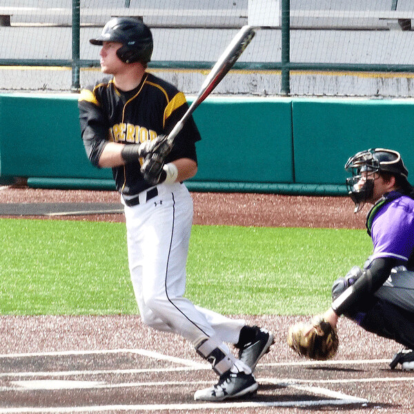 UWS junior Cory Albertson smacked one of his 4-for-4 hits in the 4-1 opening victory over Crown at the UMAC baseball tournament. Photo credit: John Gilbert