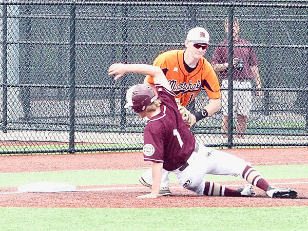 Denfeld's Logan Jasper was out at third against Marshall in the last of the seventh, in consolation semifinals at Northwestern University in Roseville.