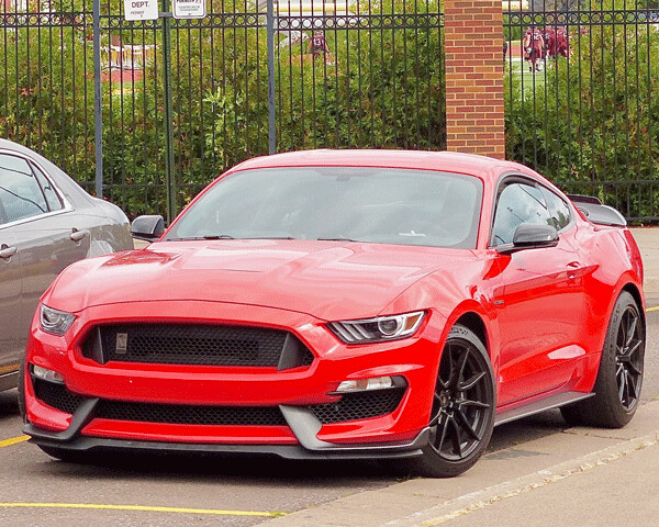 Parked outside a football stadium, the Shelby GT350 takes on a near-exotic-car look. Photo credit: John Gilbert