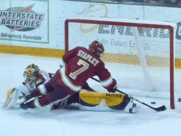  Denver's Brett Stapley spoiled UMD's Friday comeback with a shootout goal against Hunter Shepard after the teams tied 3-3. Photo credit: John Gilbert