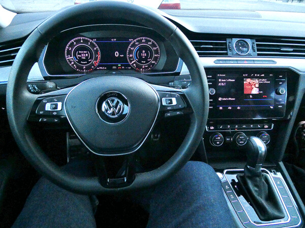 Driver's view of the Arteon is a distinctly cockpit-style instrument layout, with a clear rear video. Photo credit: John Gilbert