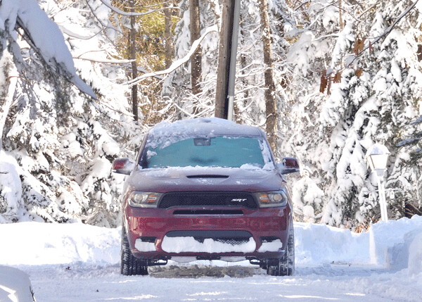 Our driveway framed the rugged, sporty front end of the Durango SRT.6. Photo credit: John Gilbert
