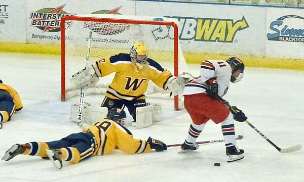 Wayzata's Gavin O'Connell made a diving sweep check to knock the puck away from East's Jack Fellman. Photo credit: John Gilbert