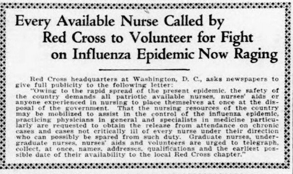 An October 1918 Duluth Herald appeal for nurses to deal with the flu pandemic.