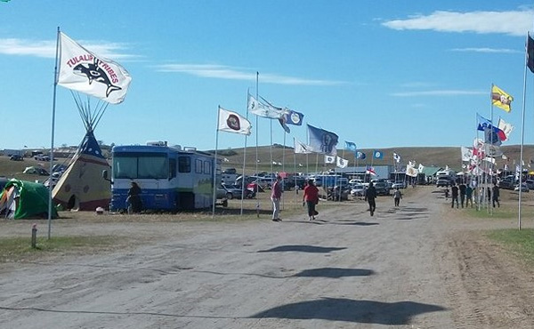 Hundreds of tribal flags lined the main road through Standing Stone camp on the Standing Rock Reservation. Photo credit: Athena Houmas 