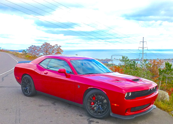 Perched on Skyline Drive, the Dodge Challenger SRT Hellcat has a demure look to its 707-horepower potential. Photo credit: John Gilbert