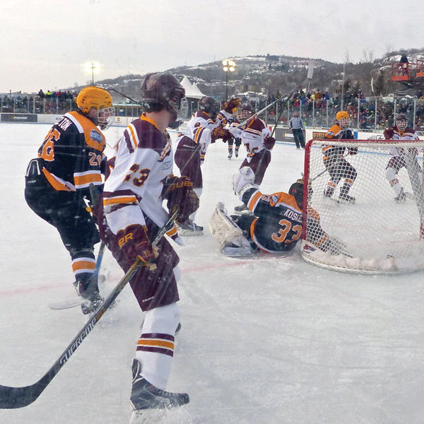 Denfeld rallied from a 1-0 deficit to beat Eveleth-Gilbert 5-2 in Saturday’s first Hockey Minnesota Day game. Photo credit: John Gilbert