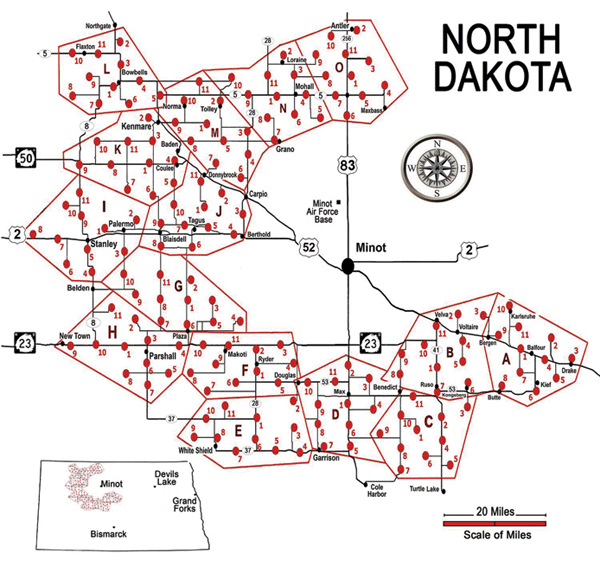 This Nukewatch graphic by Bonnie Urfer and  Arianne Peterson shows the 150 Minuteman III nuclear-armed missile site around Minot, North Dakota along with their 15 Launch Control Centers. 