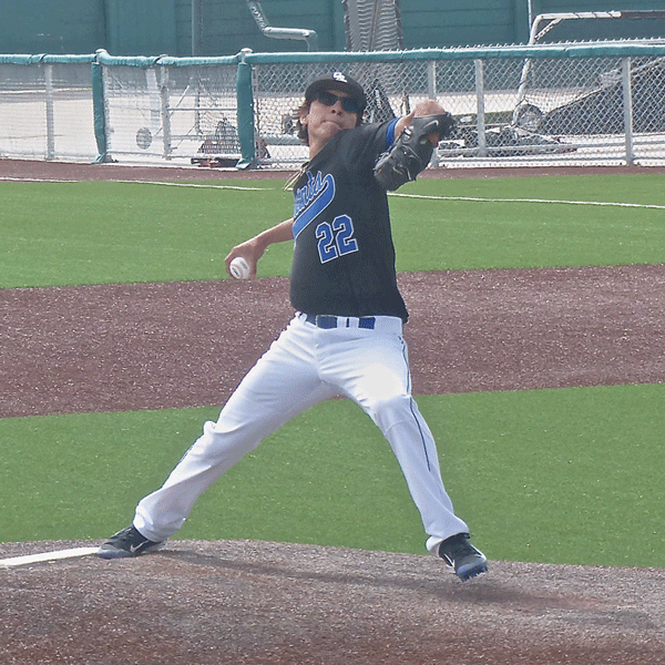 Martin Alcoverde fired a pitch for St. Scholastica as the Saints won their annual UMAC baseball tournament at Wade Stadium two weeks ago. Alcoverde will join the Duluth Huskies pitching staff for the summer. Photo credit: John Gilbert