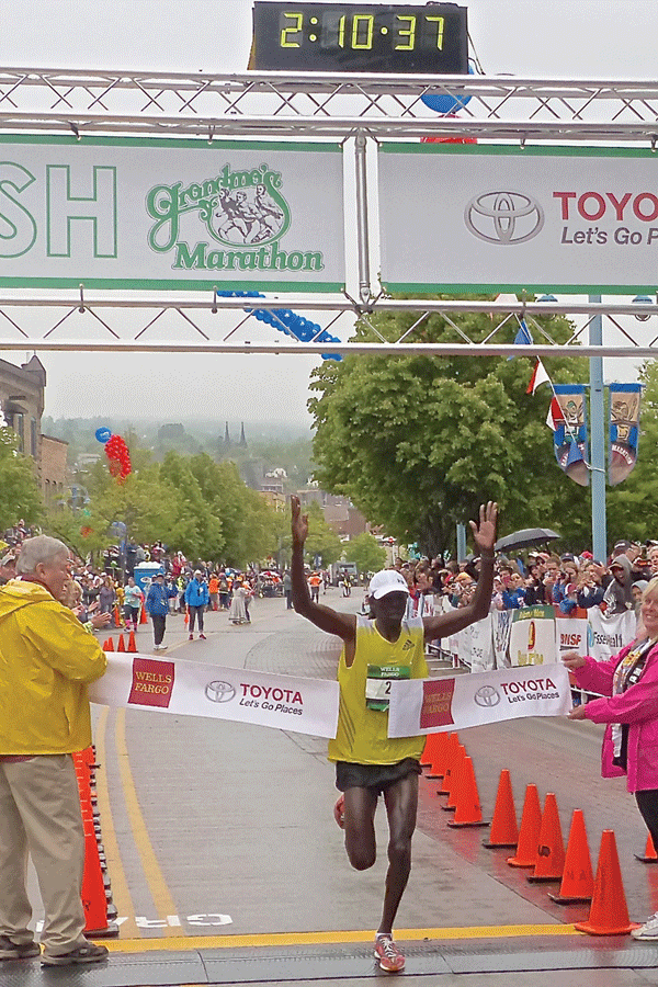  Elisha Barno from – surprise – Kenya won last year’s Grandma’s Marathon in the fourth-best winning time ever, and he’ll wear bib No. 1 Saturday at the 40th Grandma’s. Photo credit: John Gilbert