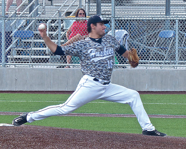 Reliever Trevino Rodriguez found that camouflage jerseys didn’t make him invisible against the St. Cloud Rox. Photo credit: John Gilbert