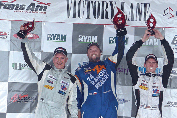 The podium after BIR's Trans-Am II race was identical to last year, from left: Tommy Archer second, Gar Robinson first, and Dillon Machavern third. Photo credit: John Gilbert