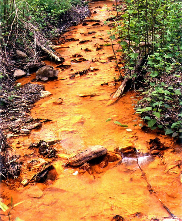 Pollution from acid mine drainage, Lick Run Tributary, Peters Creek, Pennsylvania