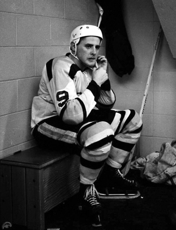  Keith (Huffer) Christiansen shown in the locker room while playing for the UMD Men’s hockey team during the 1960’s.