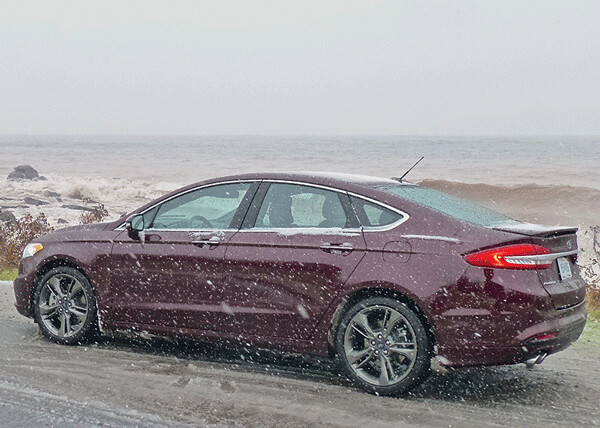Fusion Sport stands firmly on AWD even when Minnesota snowstorms obscure Lake Superior waves. Photo credit: John Gilbert
