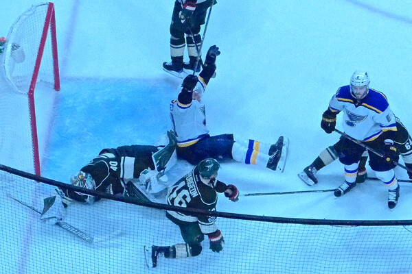 Blues star Vladimir Tarasenko celebrated from a sitting position as Joel Edmundson (6) didn't appear to know how to celebrate his game-winner. Photo credit: John Gilbert