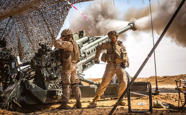 Civilians are at risk in Raqqa from both air and ground attack. Library image: US Marines fire a Howitzer in northern Syria on March 24th 2017 in support of Coalition operations (Photo: Airwars.org, Via USMC/ Cpl. Zachery C. Laning